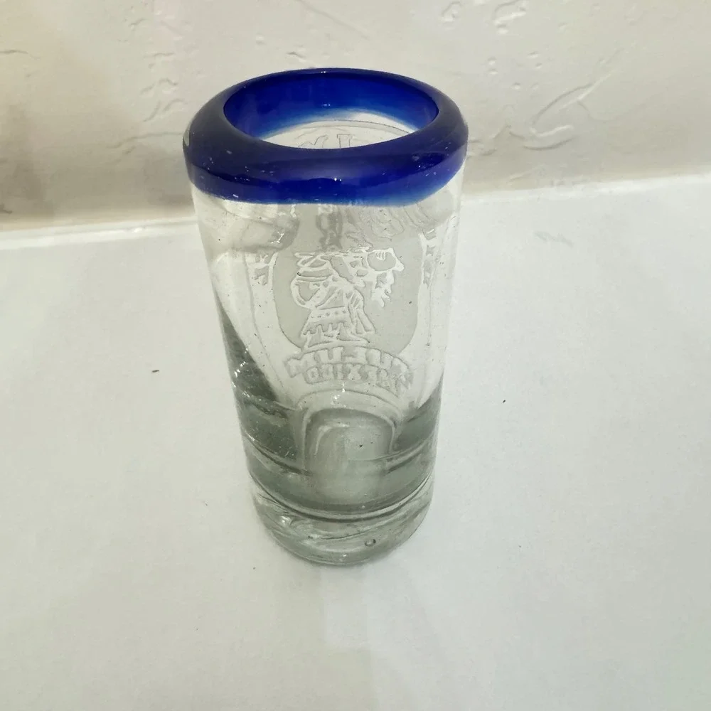Tulum Mexico Hand Blown‎ Shot Glass Cobalt Blue Rim Etched Mayan Diosa Ixchel